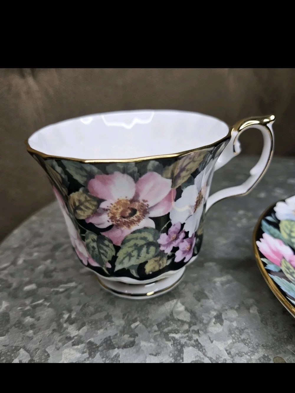 Vintage Queen’s Midnight Bloom Fine Bone China Teacup & Saucer England Floral